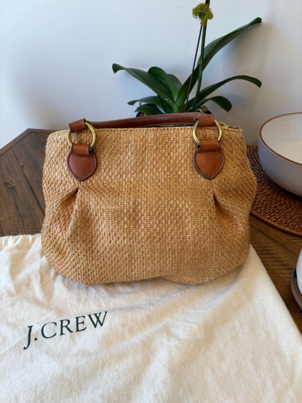 J.Crew Brompton Small Shoulder Top Handle Straw Leather Bag w./ Cross Body Strap - Picture 2 of 6